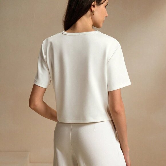 White Casual Women's Round Neck Short Sleeve Lace Patchwork Loose Crop Top - Picture 2 of 7